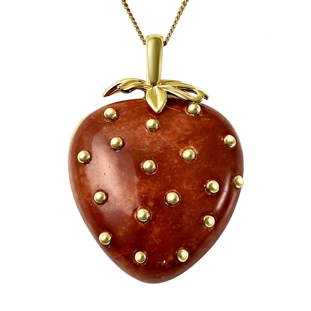 NWT RED JADE STRAWBERRY π PENDANT NECKLACE IN YELLOW GOLD OVER STERLING SILVER - Picture 1 of 6